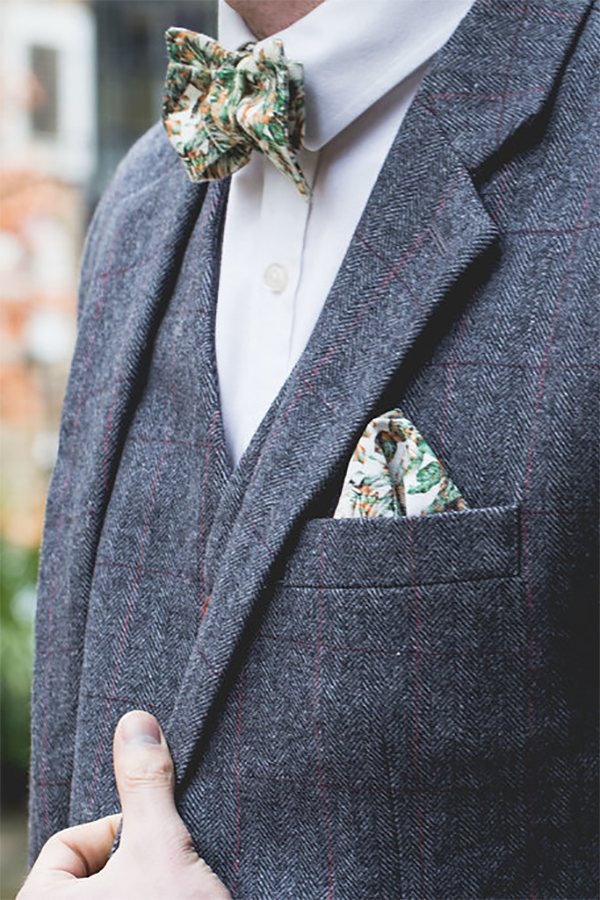 Urban Jungle Bow Tie and Pocket Square in Situ Detail Shot by The Kat & Monocle
