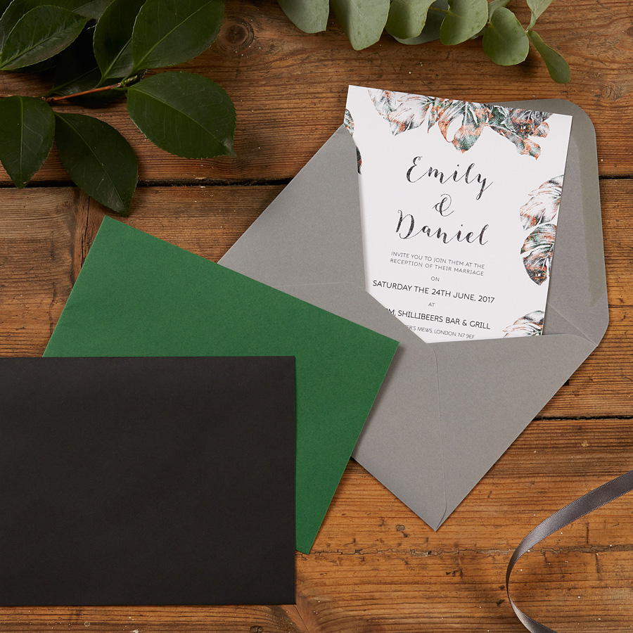 Urban Jungle Wedding Envelope Colour Options in Ebony, Forest Green or Grey by The Kat & Monocle