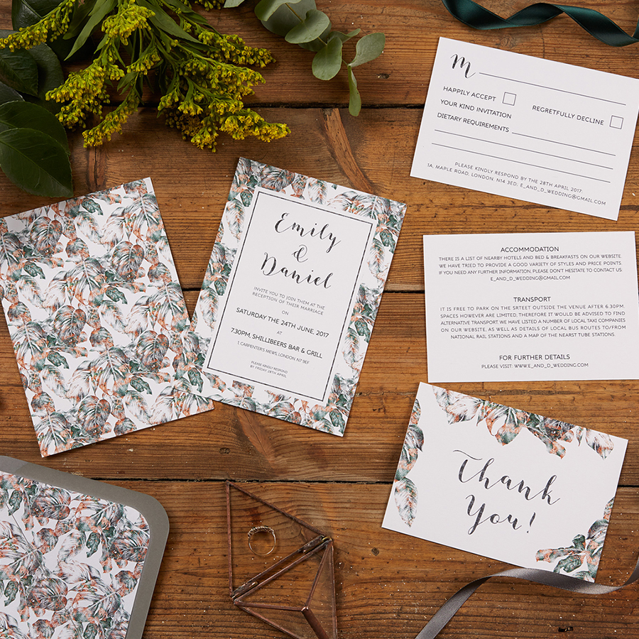 Urban Jungle Wedding Invitation Set Layout Option 2 with Reverse Sides and Lined Grey Envelope by The Kat & Monocle